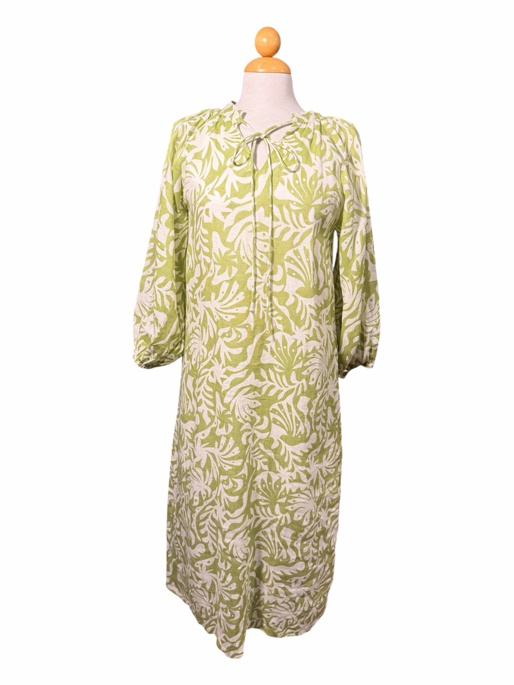 Light Green Linen Leaf-Print Tie-Neck Women's Dress
